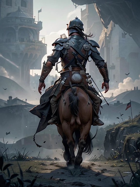  Cartoon style pictures ，(Europe)，man,midnight，Overall black tone， Characters take up one fifth，Create dystopian masterpieces, Game of Thrones movie scenes, The whole character is dressed in Game of Thrones style, Rugged full body metal armor， The background is the medieval manor farmland，river，torch，horse，flying dragon，A group of farmers，field，farming，(helmet，Face covering，In the shadows，Faceless，健壮的man, strong, shabby),dynamic poses， ((Turn your back to the camera，look into the distance，not looking at camera)), Photos taken from a distance, 