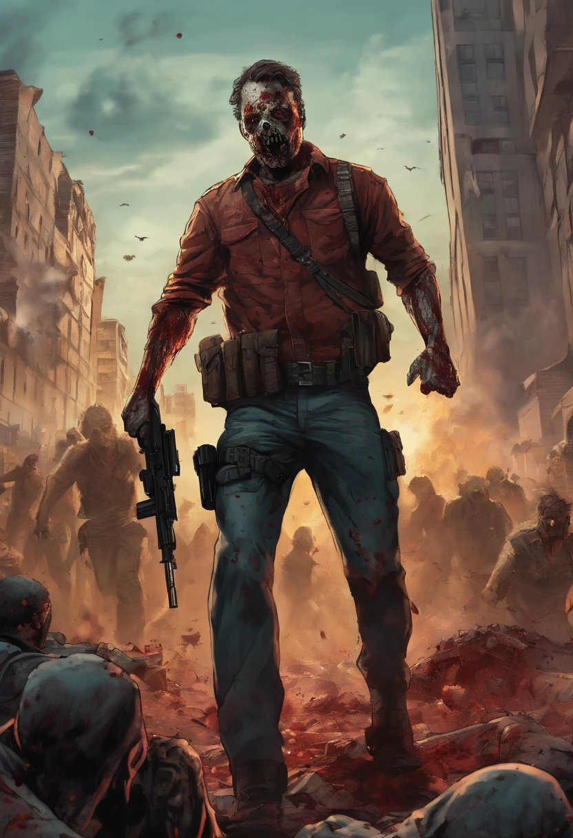 A doomsday scene,Run-down city,5 zombies,The picture is eerie。