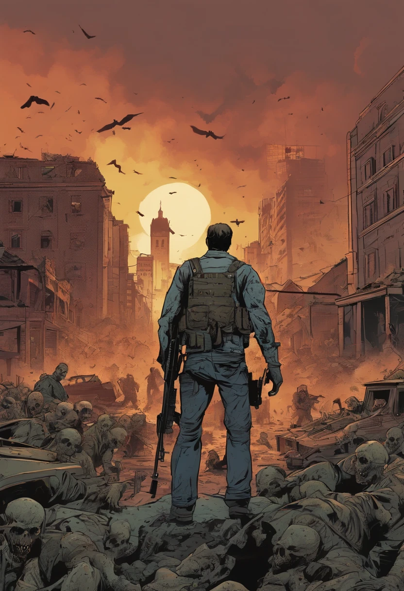 in the style of comics about a zombie apocalypse. The hero stands at full height with a machine gun. a lot of zombies in the background and destroyed buildings shoting around. many blood. zombies attack