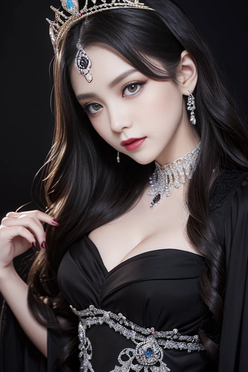 highest quality、masterpiece、8k、Award-winning works、Hyperrealism、Vampire Princess、恐ろしいVampire Princess、Natural forehead、spooky、White skin、Wicked Makeup、Face close-up、Face close-up写真、Photographing faces with beautiful composition、The most detailed and beautiful face、The relentless gaze、look at me、Long eyelashes、spookyなメイク、Black Lips、eye shadow、艶のあるBlack Lips、Top quality ultra HD skins、The most detailed eyes、(The most luxurious and highest quality giant tiara、The most luxurious and highest quality giant necklace、The most gorgeous giant ruby、The most luxurious jewelry decoration、The most luxurious and luxurious black princess dress)、Cleavage、Pitch black background 1.2、dark、Beautiful long wavy hair、