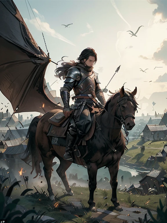  Cartoon style pictures ，(Europe)，man,midnight，Overall black tone， Characters take up one fifth，Create dystopian masterpieces, Game of Thrones movie scenes, The whole character is dressed in Game of Thrones style, Rugged full body metal armor， The background is the medieval manor farmland，river，torch，horse，flying dragon，A group of farmers，field，farming，(helmet，Face covering，In the shadows，Faceless，健壮的man, strong, shabby),dynamic poses， ((Turn your back to the camera，look into the distance，not looking at camera)), Photos taken from a distance, 