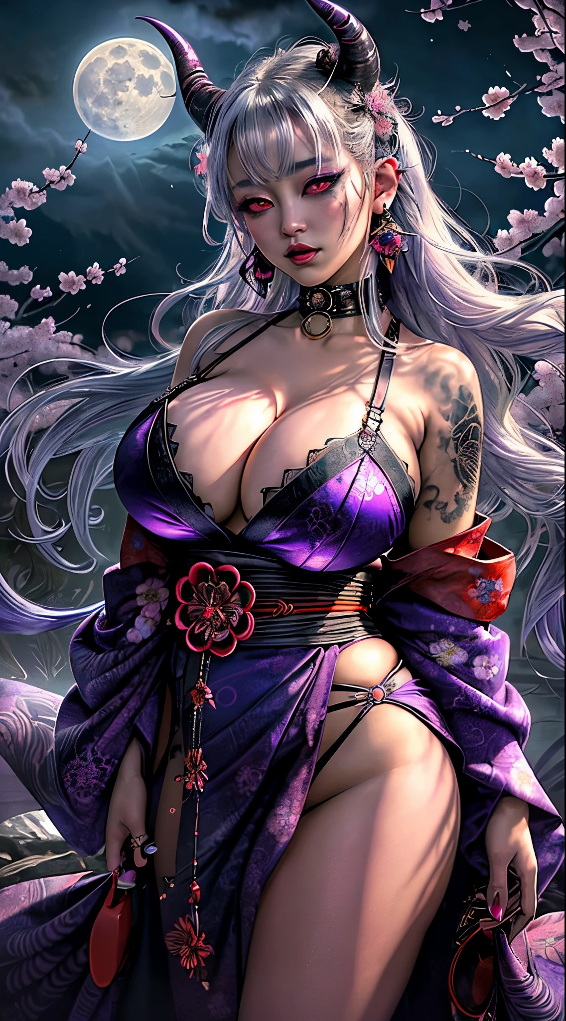 (masterpiece, top quality, best quality, official art, beautiful sexy seductive slutty cosmic atmospheric psychedelic and aesthetic:1.2), japanese horror (1girl, oni horns, accentuated super huge enormously gigantic tits, cleavage showing, sexy seductive slutty pose, tattoo sleeves and piercings) very long platinum white hair, the most beautiful and highly detailed kimono with lots of straps buckles and zippers, vibrant glowing demonic eyes, full moon night, edge light,looking in the camera, perfect center composition, cute sexy seductive, looking in the camera enchanted cosmic swirling, dark masonic colors,  sinister eyes, cherry blossoms blowing in the wind 