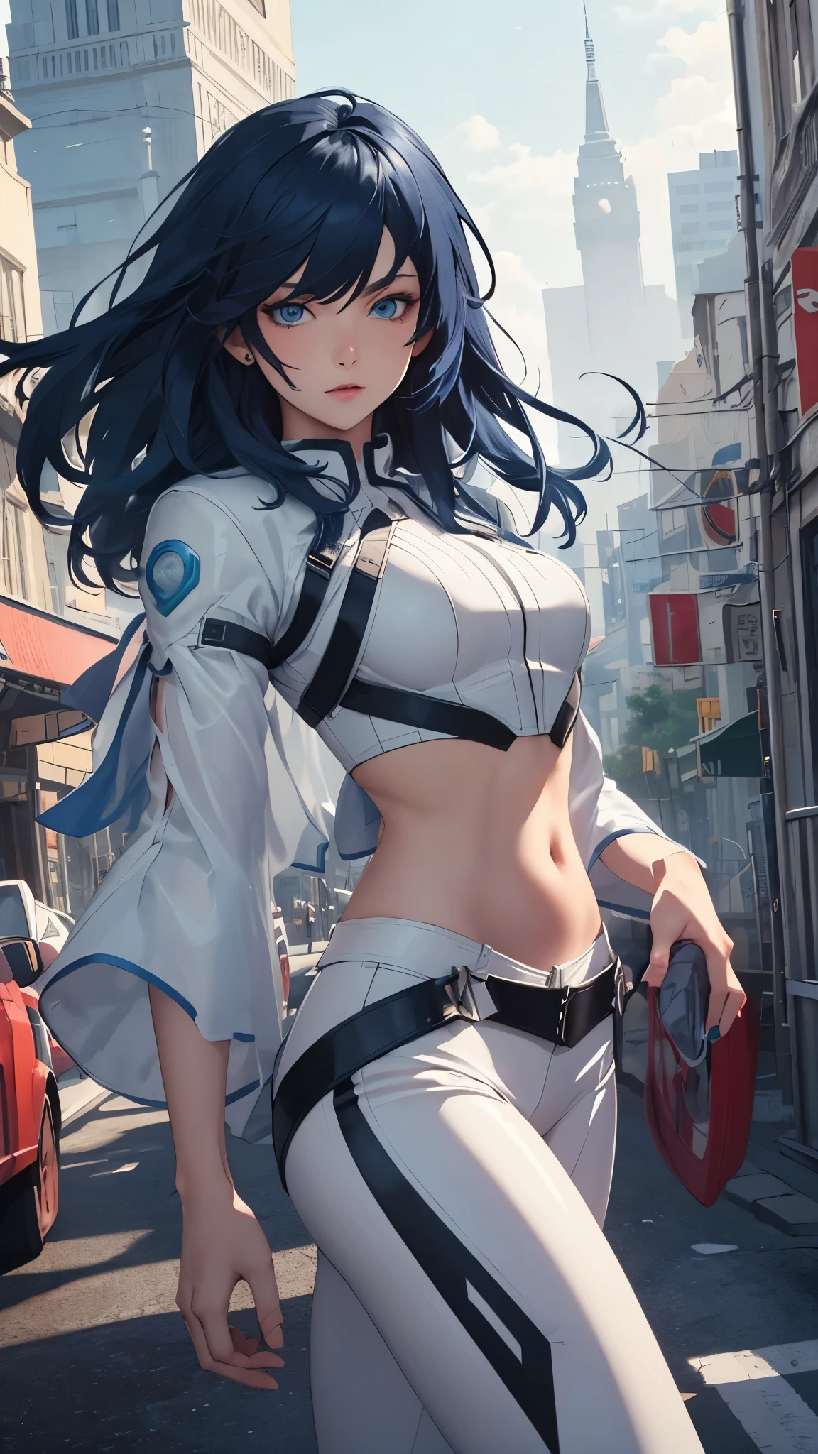 (Highly quality, masterpiece, detailed), city detailed scenario, city detailed background, solo, 1 woman, AeroMarvel, 1girl, solo, long hair, blue eyes, black hair, blue hair, white and light blue Leather cropped top, sleeves, white and light blue leather pants beautiful eyes, Sexy pose