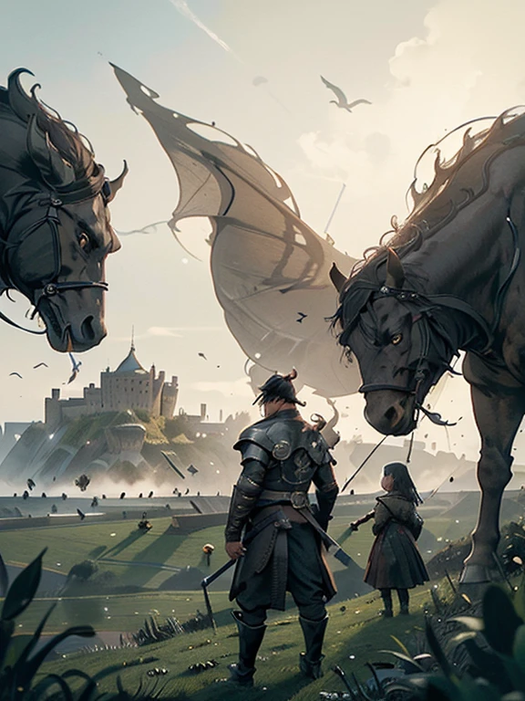 Cartoon style pictures ,(Europe),man,midnight,Overall black tone, Characters take up one fifth,Create dystopian masterpieces, Game of Thrones movie scenes, The whole character is dressed in Game of Thrones style, Rugged full body metal armor, The background is the medieval manor farmland,river,torch,horse,Flying dragons in the sky,A group of farmers,field,farming,(helmet,Face covering,In the shadows,Faceless,健壮的man, strong, shabby),dynamic poses, ((Turn your back to the camera,look into the distance,not looking at camera)), Photos taken from a distance,