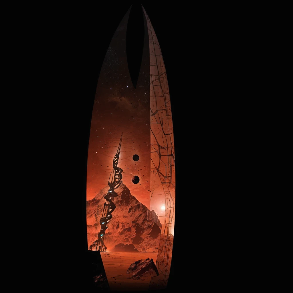 complex geometric shape, massive dead space Markers are enigmatic double-helix shaped obelisks of extraterrestrial origin, a massiving towering titan on a barren alien apocalyptic planet, bleak, cold, drab coloring, dead space video game aesthetics,
