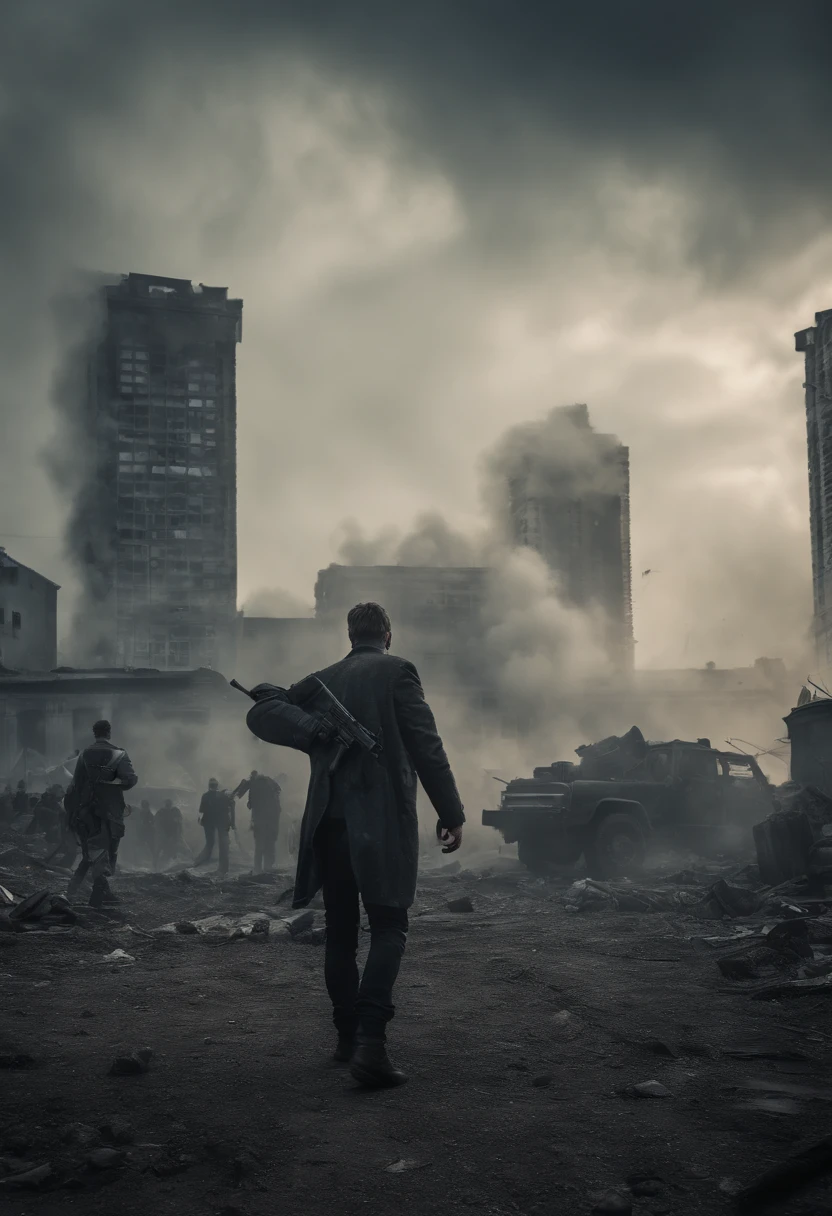 in the style of comics about a zombie apocalypse. The hero stands at full height with a machine gun. a lot of zombies in the background and destroyed buildings shoting around. many blood. zombies attack