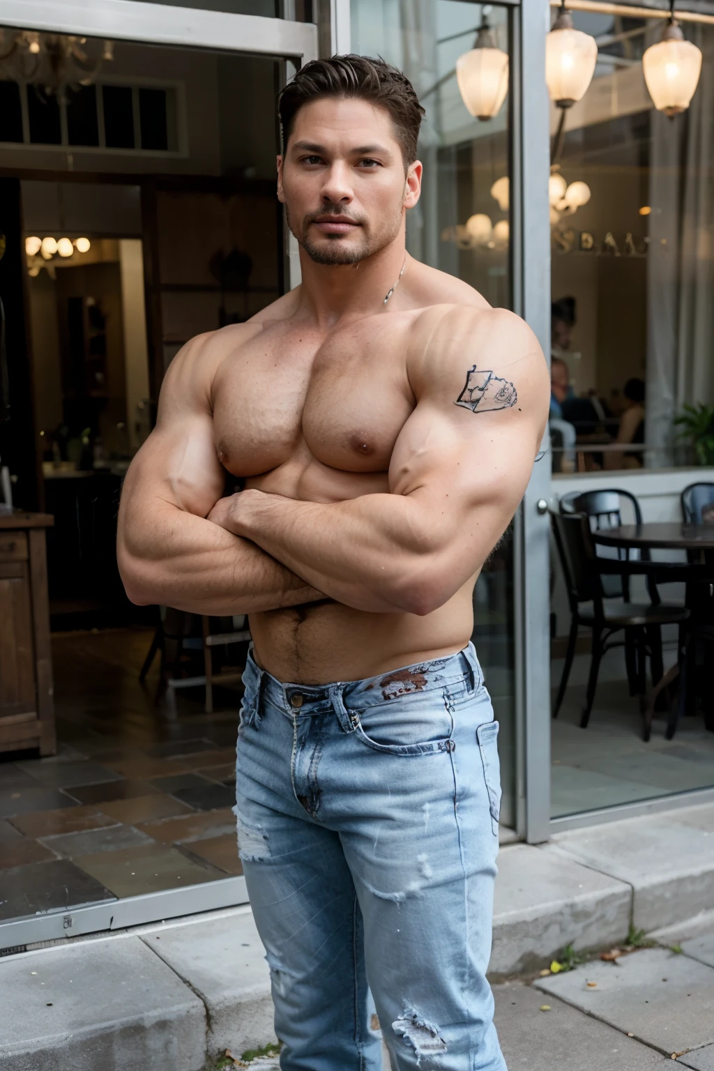 muscular man Joe manganiello 45 years old, full body , naked white blue jeans. Very big muscles. Same model