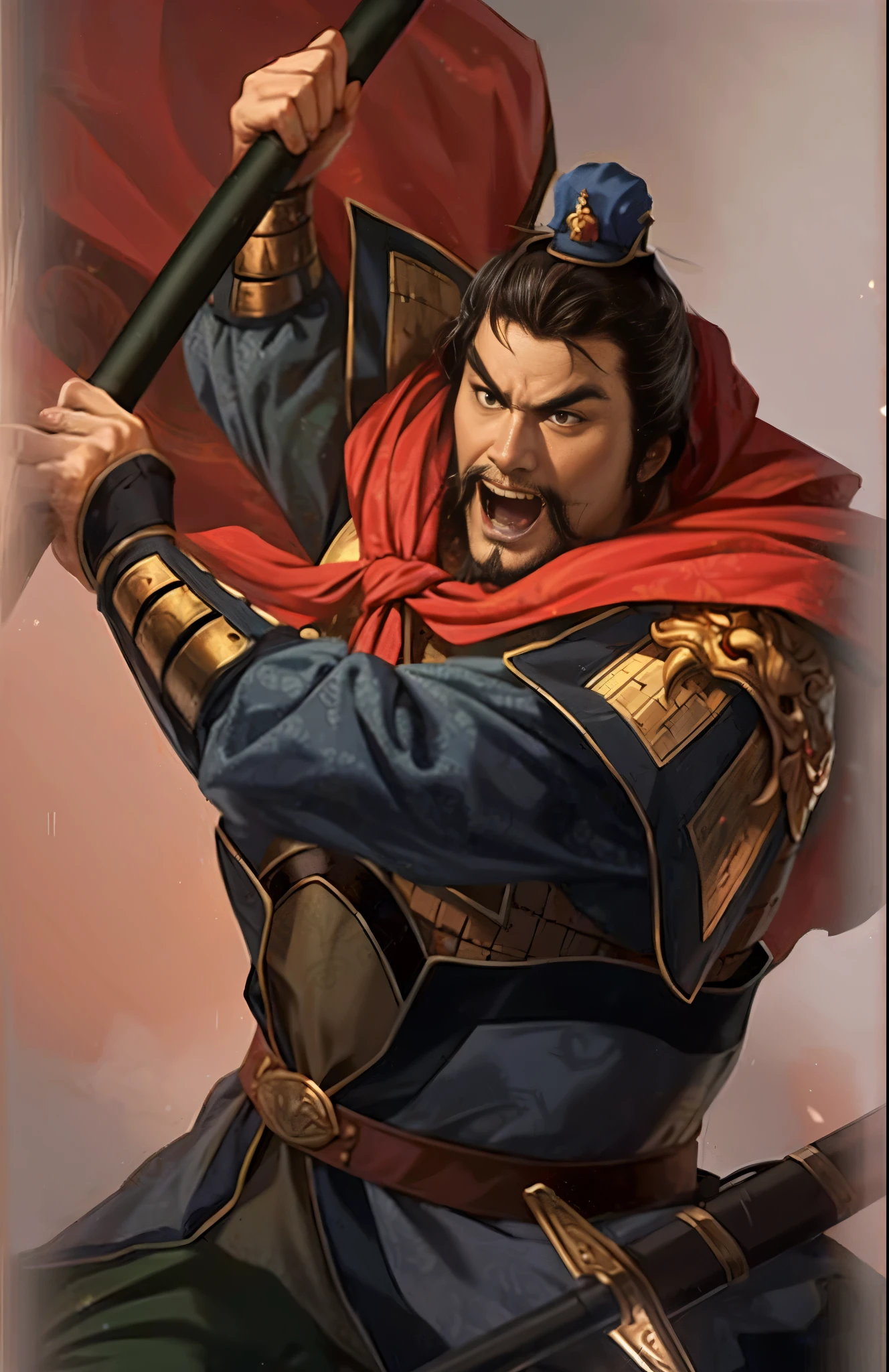 A painting,In the painting, a man wearing a red cloak、Man holding a sword, bian lian, Guan yu, Inspired by Li Kan, Inspired by Hu Zaobin, Inspired by Huang Ding, heise jinyao, Inspired by Huang Shen, xianxia hero, Inspired by Cao Zhibai, Three Kingdoms of China, feng shu, liang xing, Inspired by Zhang Wo