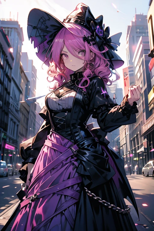 A pink haired female reaper with violet eyes with an hourglass figure in a cool gothic dress is posing in the street