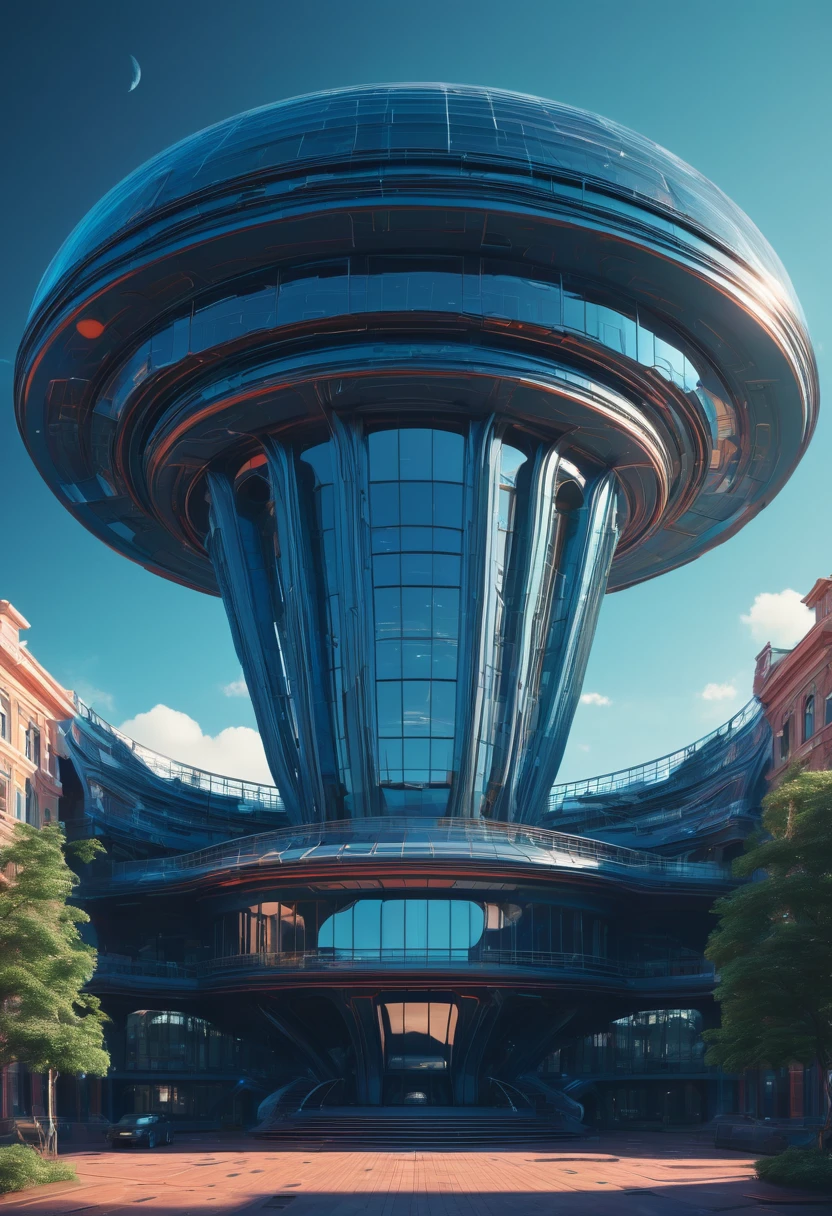 (best quality,,highres,masterpiece:1.2), magical view of a large building with a circular structure in the middle, realism | beeple, beeple daily art, alien architecture, futuristic architectural art, beeple. hyperrealism, beeple |, beeple!!, by Beeple, beeple style, beeple masterpiece, inspired by starry night,