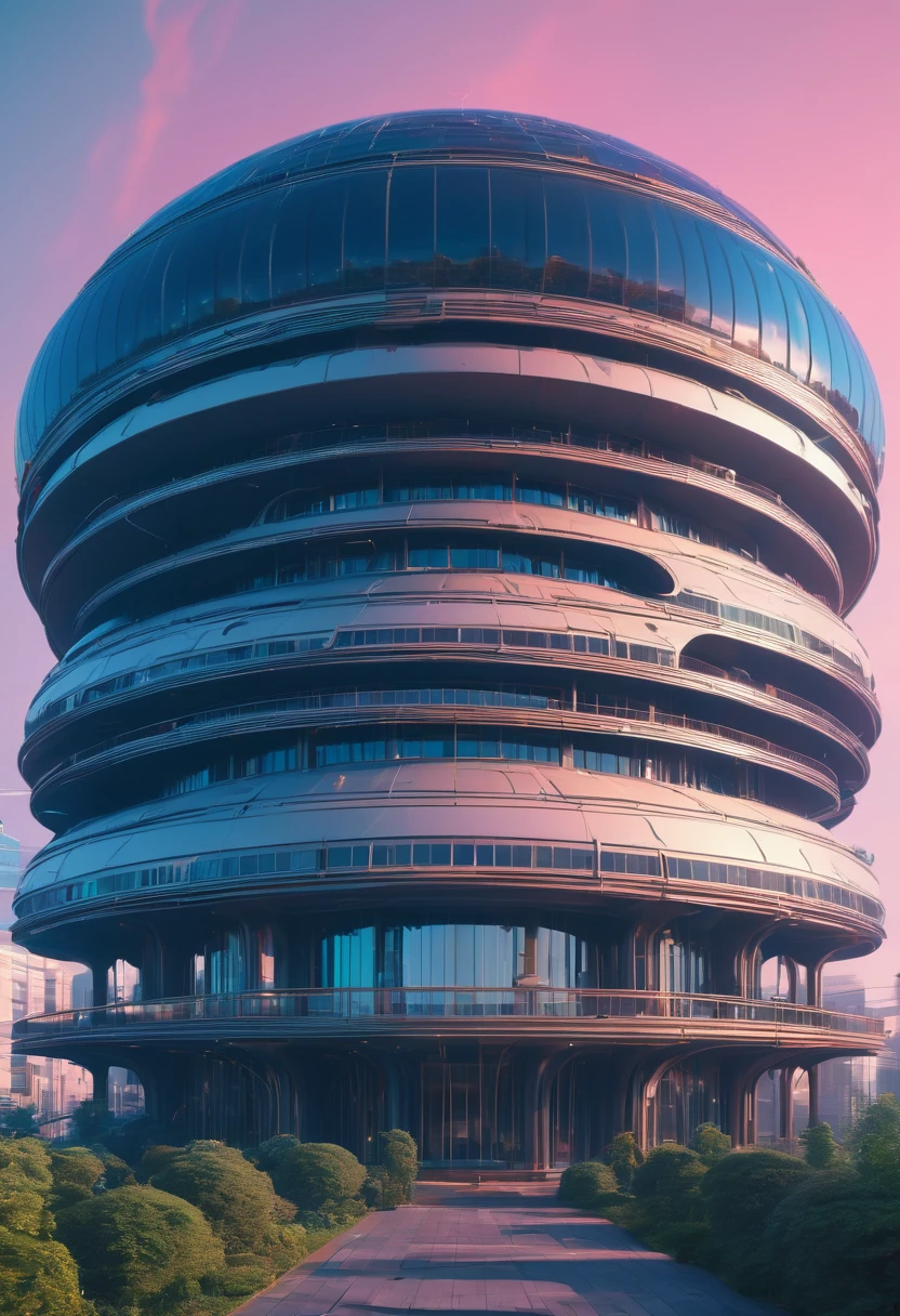 (best quality,,highres,masterpiece:1.2), magical view of a large building with a circular structure in the middle, realism | beeple, beeple daily art, alien architecture, futuristic architectural art, beeple. hyperrealism, beeple |, beeple!!, by Beeple, beeple style, beeple masterpiece, inspired by starry night,