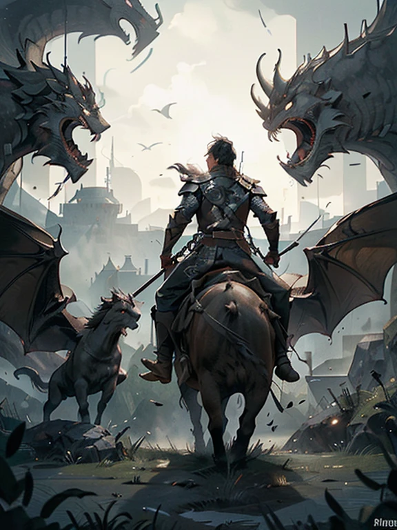  Cartoon style pictures ，(Europe)，man,midnight，Overall black tone， Characters take up one fifth，Create dystopian masterpieces, Game of Thrones movie scenes, The whole character is dressed in Game of Thrones style, Rugged full body metal armor， The background is the medieval manor farmland，river，torch，horse，Flying dragons in the sky，A group of farmers，field，farming，(helmet，Face covering，In the shadows，Faceless，健壮的man, strong, shabby),dynamic poses， ((Turn your back to the camera，look into the distance，not looking at camera)), Photos taken from a distance, 