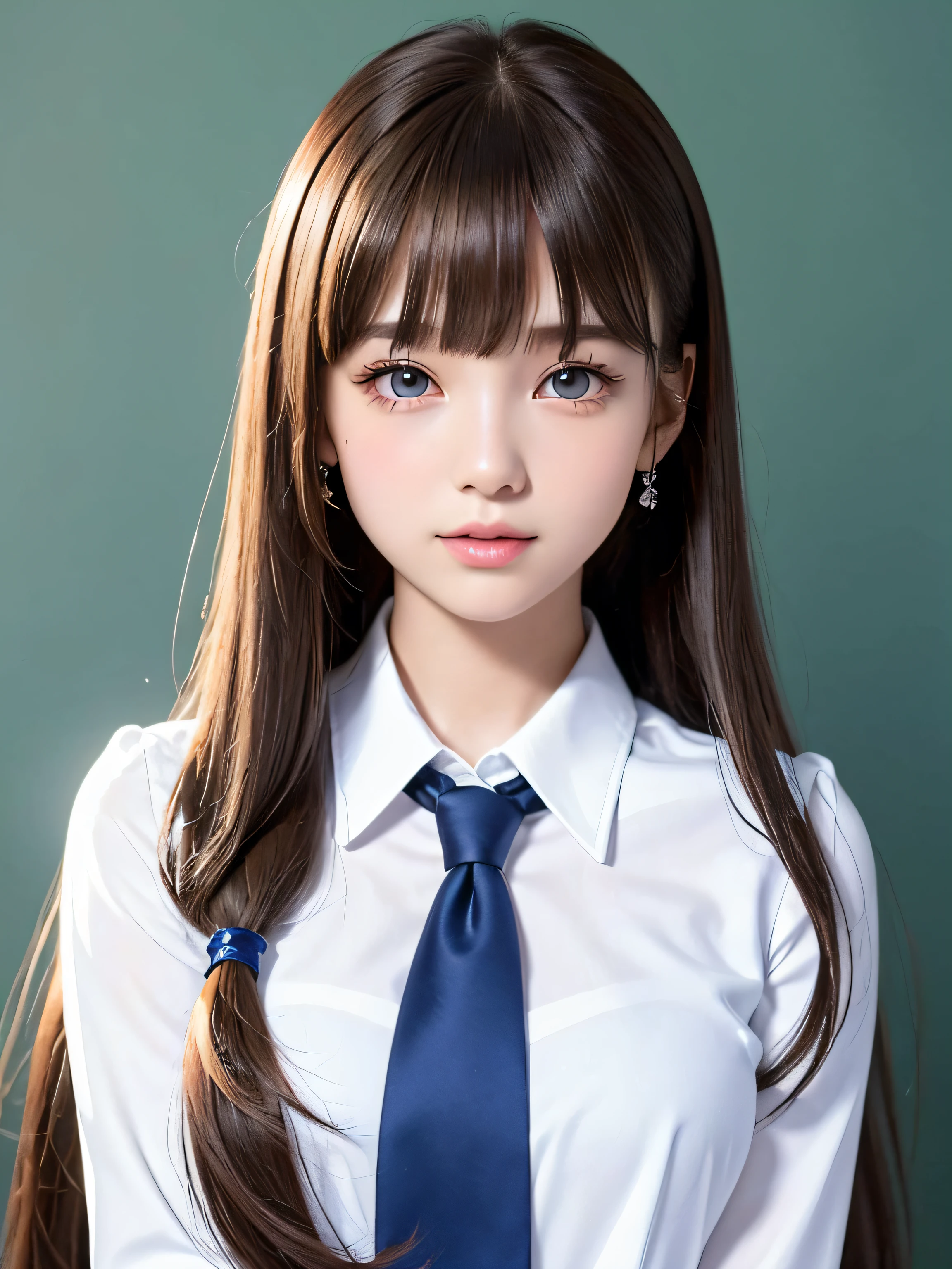 portlate、School Uniforms、bright expression、poneyTail、Young shiny shiny white shiny skin、Best Looks、Natural brown hair with dazzling highlights、shiny light hair,、Super long silky straight hair、Beautiful bangs that shine、Blunt bangs、Glowing crystal clear attractive big blue eyes、Very beautiful nice cute 16 year old girl、Lush bust