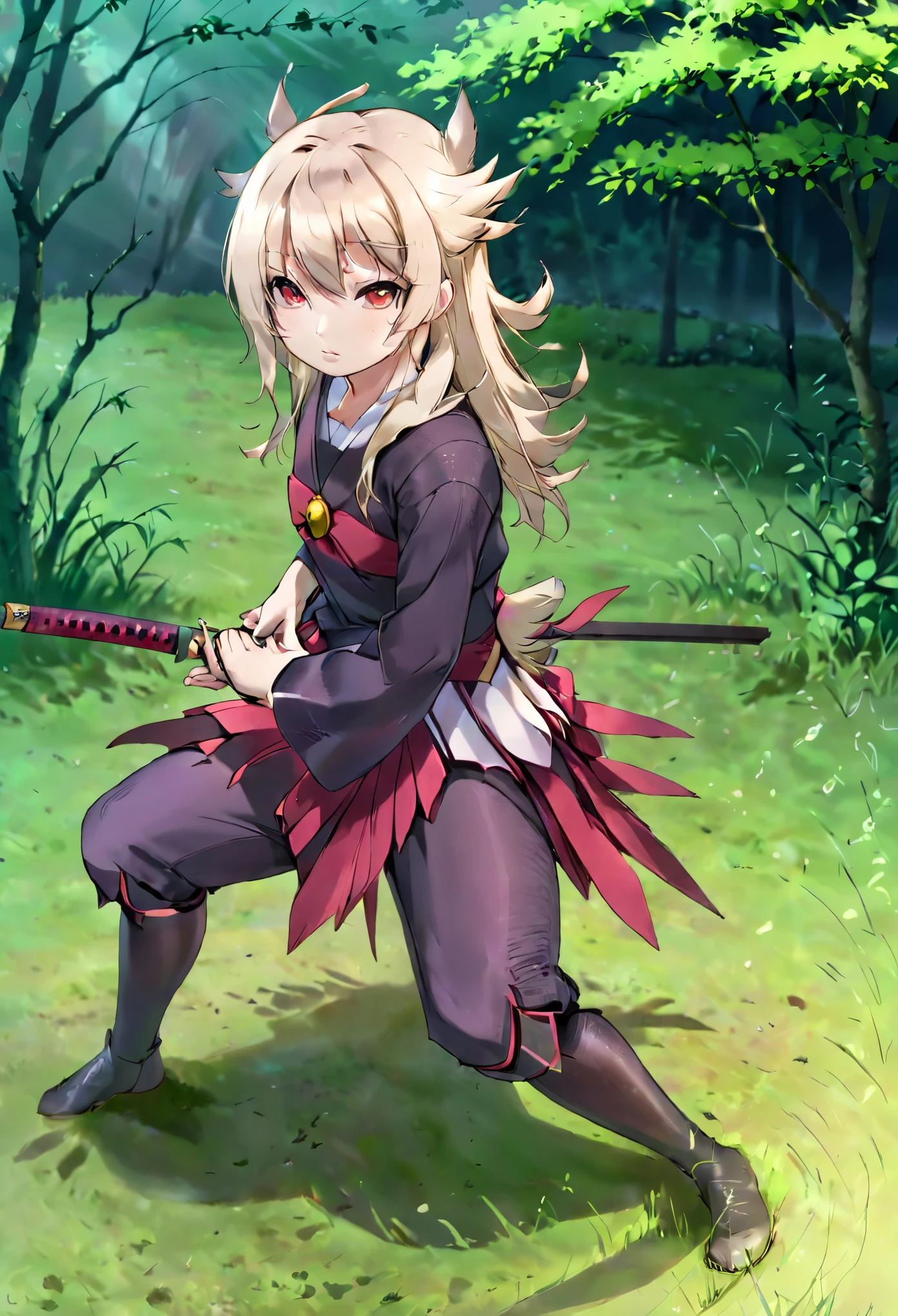 (best quality,ultra-detailed,realistic:1.37),studio lighting,sharp focus,katana warrior,blonde hair,kunoichi outfit,confident expression,dynamic pose,peaceful garden,serene background,traditional Japanese art style,vivid colors,subtle lighting,gentle breeze,hint of cherry blossoms,subtle fog,sublime atmosphere,dramatic composition,eye-catching contrast,masterpiece:1.2