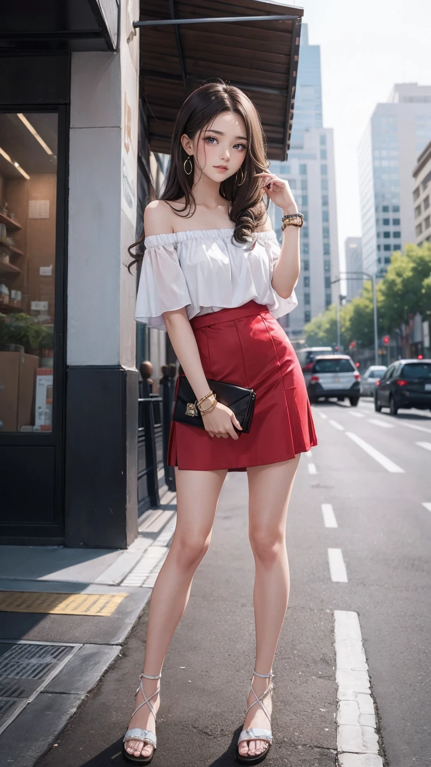 Fashion portrait photos, 1 elegant lady,curls, Full body portrait,Spectacular neon lights,Standing elegantly on the street corner ,Perfect body,Long legs,Retro plaid long skirt,1950 retro style,Real background