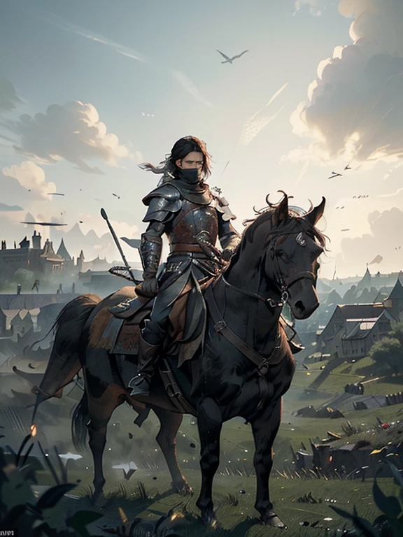  Cartoon style pictures ，(Europe)，man,midnight，Overall black tone， Characters take up one fifth，Create dystopian masterpieces, Game of Thrones movie scenes, The whole character is dressed in Game of Thrones style, Rugged full body metal armor， The background is the medieval manor farmland，river，torch，horse，Flying dragons in the sky，A group of farmers，field，farming，(helmet，Face covering，In the shadows，Faceless，健壮的man, strong, shabby),dynamic poses， ((Turn your back to the camera，look into the distance，not looking at camera)), Photos taken from a distance, 