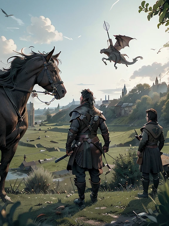  Cartoon style pictures ，(Europe)，man,midnight，Overall black tone， Characters take up one fifth，Create dystopian masterpieces, Game of Thrones movie scenes, The whole character is dressed in Game of Thrones style, Rugged full body metal armor， The background is the medieval manor farmland，river，torch，horse，Flying dragons in the sky，A group of farmers，field，farming，(helmet，Face covering，In the shadows，Faceless，健壮的man, strong, shabby),dynamic poses， ((Turn your back to the camera，look into the distance，not looking at camera)), Photos taken from a distance, 