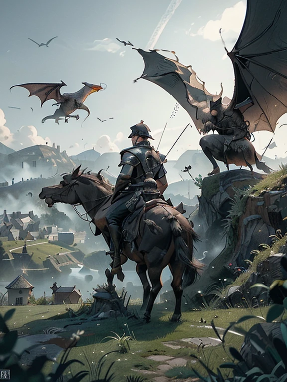 Cartoon style pictures ，(Europe)，man,midnight，Overall black tone， Characters take up one fifth，Create dystopian masterpieces, Game of Thrones movie scenes, The whole character is dressed in Game of Thrones style, Rugged full body metal armor， The background is the medieval manor farmland，river，torch，horse，Flying dragons in the sky，A group of farmers，field，farming，(helmet，Face covering，In the shadows，Faceless，健壮的man, strong, shabby),dynamic poses， ((Turn your back to the camera，look into the distance，not looking at camera)), Photos taken from a distance, 