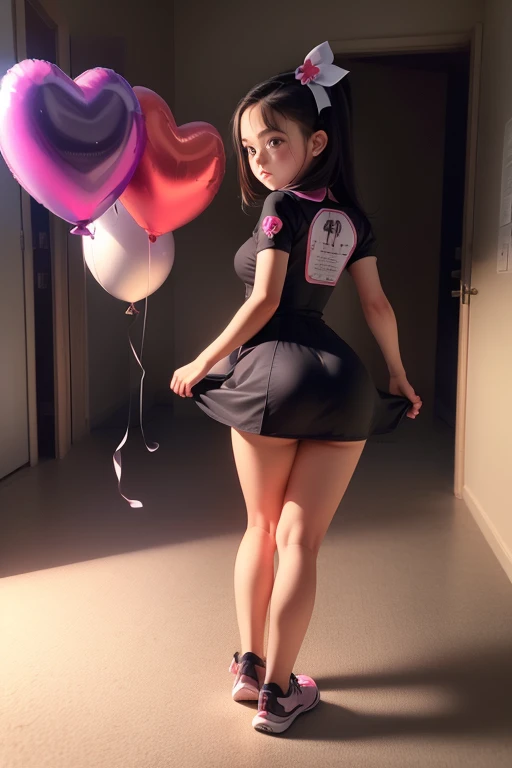 a girls, ((having a lot of balloons)) , real photo, (((full body))), (looking back at me), tight hair, (nurse dress), cyberpunk , ((sunlight))