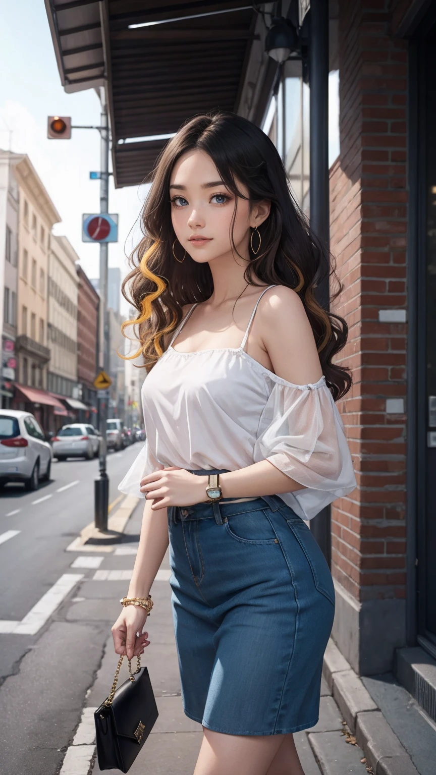 (最high quality, 8K, masterpiece: 1.3, Ultra HD, high quality, 最high quality, High resolution, realism)) 、25 year old white woman、brunette、blue eyes、long hair、smile、slender、slenderだがアスリートのような細マッチョ、I don&#39;t want my head to disappear from the screen.、Wear accessories on your wrist、Wearing red nail polish、I have a peticure、Wear a sheer, off-the-shoulder bodycon top、wear sandals、have a clutch bag、Skyscraper background、Waiting for a traffic light at an intersection、crystal earrings((crystal earrings))、inner color((colored inner hair))、long hair ((long hair))、curly hair((curly hair))