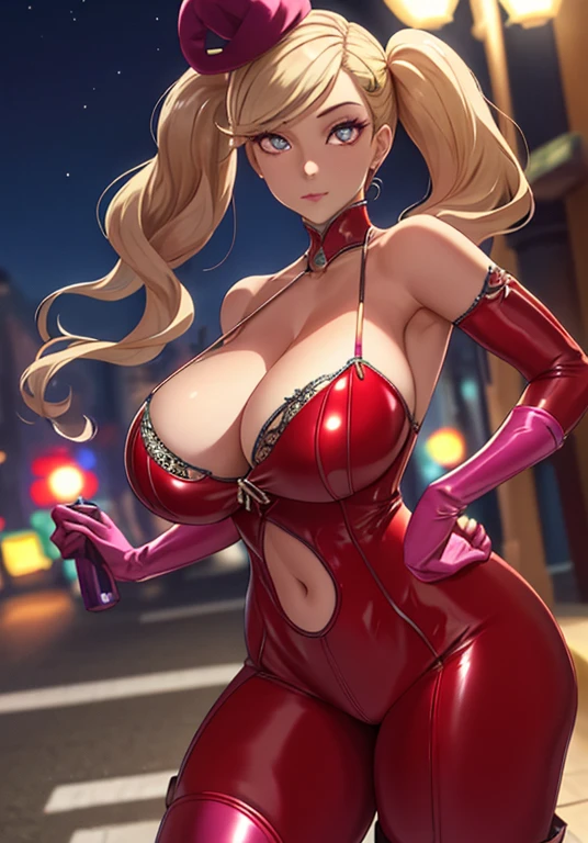 (masterpiece,best quality),((ultra detailed,extremely intricate,ultra high res,RAW,HDR,)),,inely detailed beautiful eyes, (photorealistic:1.2)city street background, busy street view,(night), 1girl,looking at viewer,upper body,lens 135mm,f1.8, takamaki anne, natural breasts, huge breasts, huge ass, huge thighs, narrow waist, wide hips, thick thighs, curvy, inely detailed beautiful eyes,perfect eye makeup,wide-eyed,glowing eyes, cleavage, face paint, clown outfit, colorful outfit, skintight outfit, jester hat, pointy shoes, blonde hair, twin tails, dreamlike, dreamy, floaty, modelshoot style, sexy slutty quality, Detailed skin texture, detailed cloth texture, stunning gradient colors,ray tracing, side lighting, Rim lighting,best shadow, perfect female body,perfect breasts,perfect hips,perfect anatomy,smooth midriff,skiny and thin, lustrous skin, glossy skin,slim legs,shiny skin, public,photographer,