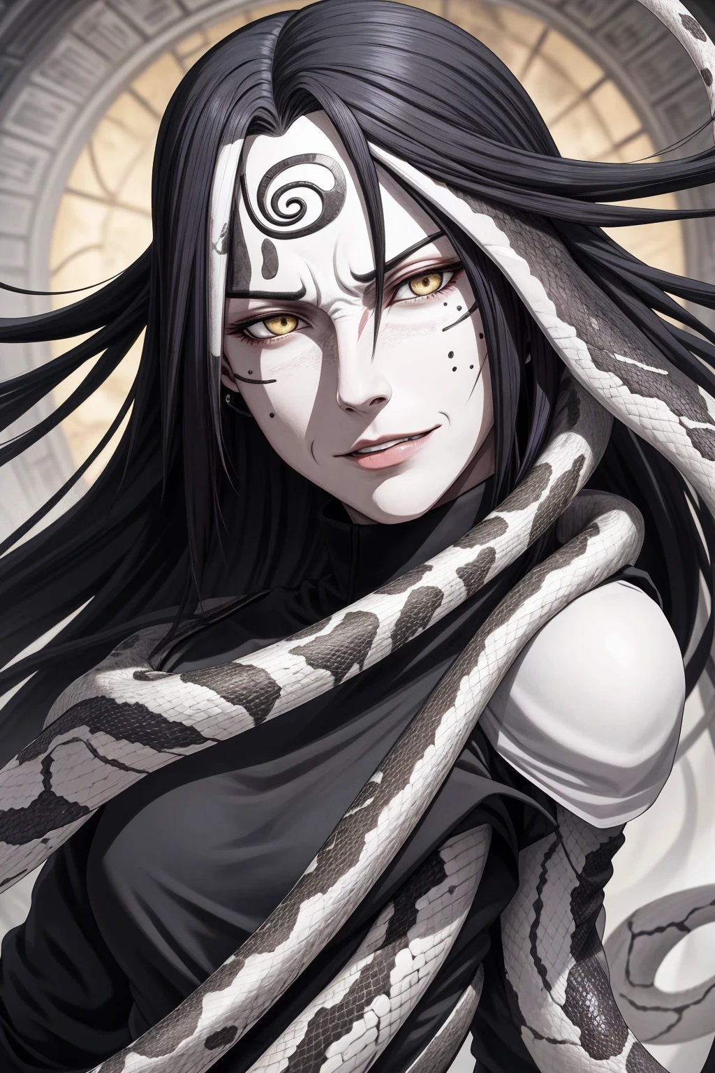 {-erro_de_anatomia:1.0} estilo anime, Masterpiece, absurdities, Orochimaru\(Naruto\), 1girl Solo, Mature woman, Oversized shirt with broad shoulders, Perfect composition, Detailed lips, large breasts, Beautiful face, body proportion, Blush, Long black hair, ( black hair), yellow eyes, Soft gauze, Super realistic, Detailed, photo shoot, Realistic faces and bodies, masterpiece, best quality, best ( white snake) illustration, hyper detailed, 1 girl, solo, glamorous, blushing, whole body, 