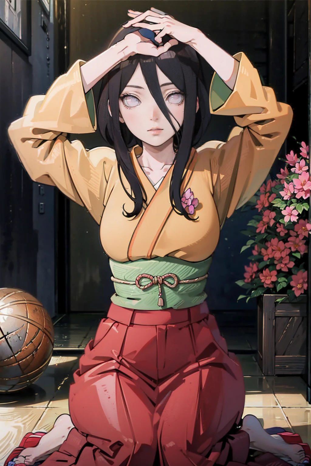 tmasterpiece， hoang lap ， （Complicated details）， （rich colourful）， movie lighting， bust， the Extremely Detailed CG Unity 8K Wallpapers ， Hinata flower ratio， 1girll， solo， orange kimono， Red hakama skirt， obi strip， Wide sleeves， looking at viewert， ventania， Combat posture， Low hair tied long，dinamic poses, lilac eyes, sitting oh the floor