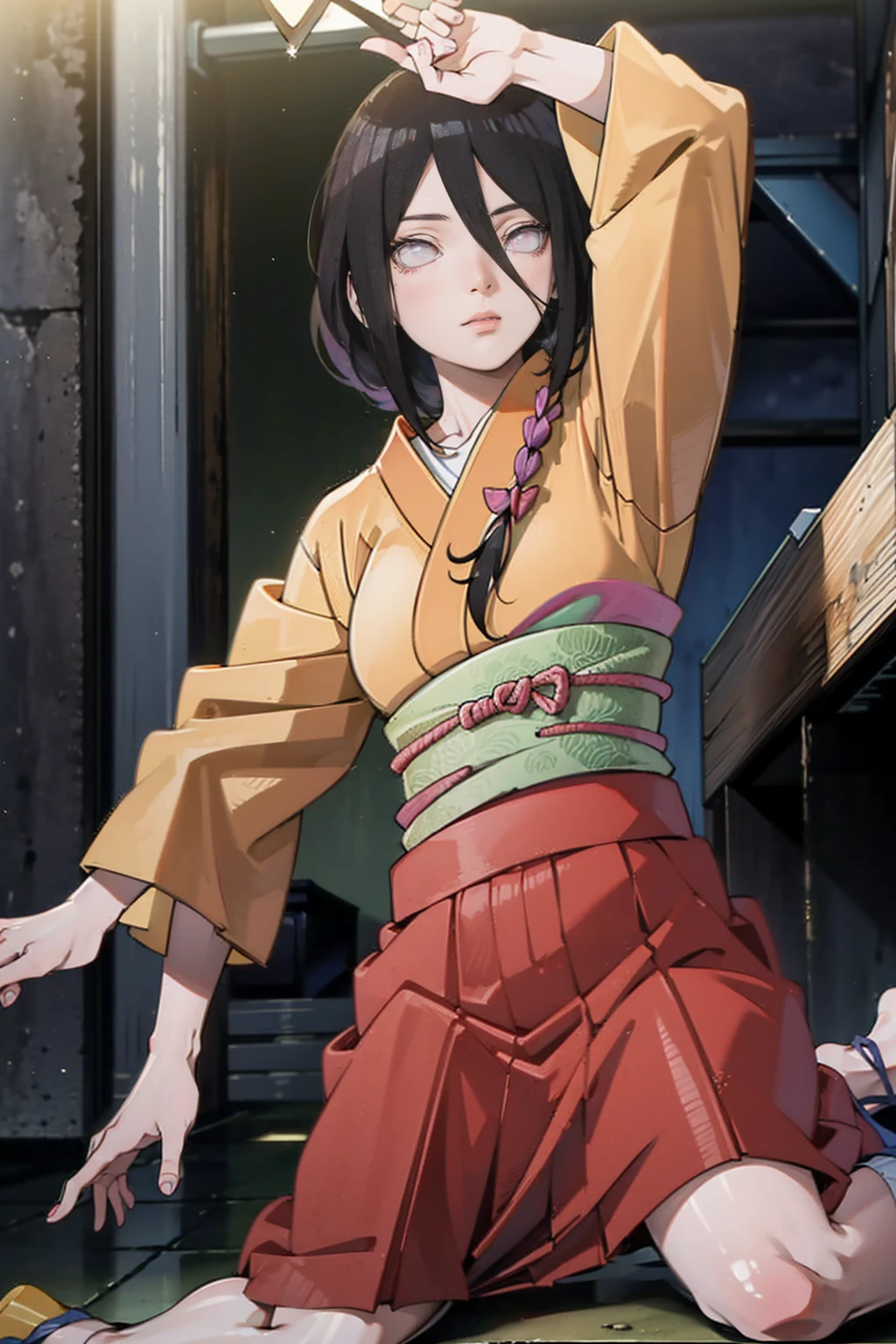 tmasterpiece, hoang lap , (Complicated details), (rich colourful), movie lighting, bust, the Extremely Detailed CG Unity 8K Wallpapers , Hinata flower ratio, 1girll, solo, orange kimono, Red hakama skirt, obi strip, Wide sleeves, looking at viewert, ventania, Combat posture, Low hair tied long,dinamic poses, lilac eyes, sitting oh the floor