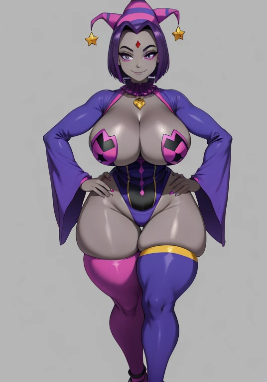 masterpiece, best quality, 1girl, rachelroth, purple hair, short hair, purple eyes, (grey skin), (colored skin), forehead jewel, huge breasts, huge ass, huge thighs, narrow waist, wide hips, thick thighs, curvy, cleavage, face paint, clown outfit, colorful outfit, skintight outfit, jester hat, pointy shoes, breasts, hands on hips, smile, standing, solo, simple background
