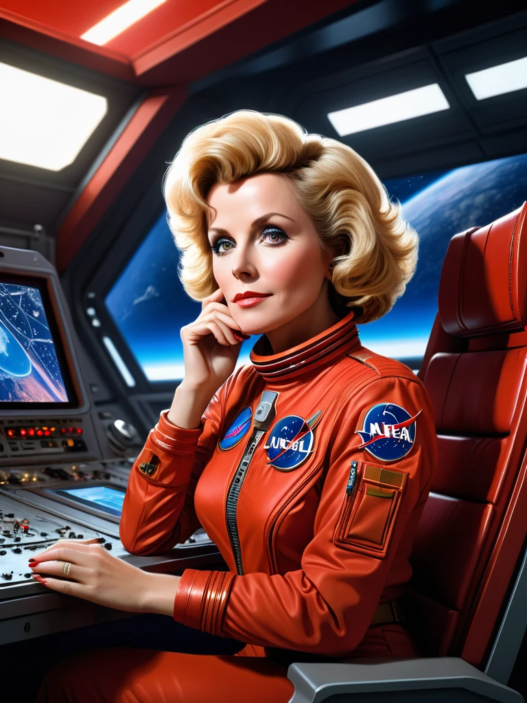 (masterpiece, best quality, illustration, unreal engine 5, official art:1.3), Rich Red color scheme, Don Lawrence hyper realistic picture of Blond Haired [Marilynn Monroe:Elisabeth Sladen:0.45] as a Female Space Explorer, a technocratic, omnivorous, iridescent, astronaut commander, (sitting in a starbase control room:1.2),detailed face, detailed hair, detailed eyes, perfect fingers, insanely intricate detail, absurdres, 8k