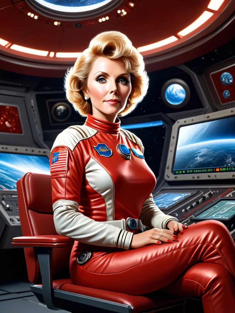 (masterpiece, best quality, illustration, unreal engine 5, official art:1.3), Rich Red color scheme, Don Lawrence hyper realistic picture of Blond Haired [Marilynn Monroe:Elisabeth Sladen:0.45] as a Female Space Explorer, a technocratic, omnivorous, iridescent, astronaut commander, (sitting in a starbase control room:1.2),detailed face, detailed hair, detailed eyes, perfect fingers, insanely intricate detail, absurdres, 8k