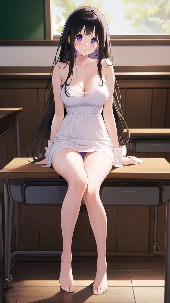 Stunning Chitanda, There is only one beautiful girl,purple eyes, black hair, Naturally straight hair, straight bangs,extremely refined,lips open,flowing long hair,Peerless beautiful girl, dreamlike,Slim,soft, (Sensual), (kawaii), Dream quality,Change clothes in the classroom,Big breasts,bare shoulders,Clavicle exposed,bare neck,Bare thighs,Exposing the groin,camel toe,bare legs,barefoot,extremely shy,ultra high resolution, (masterpiece:1.2, best quality), (Exquisite and beautiful eyes: 1.2), (Beautiful and delicate face)