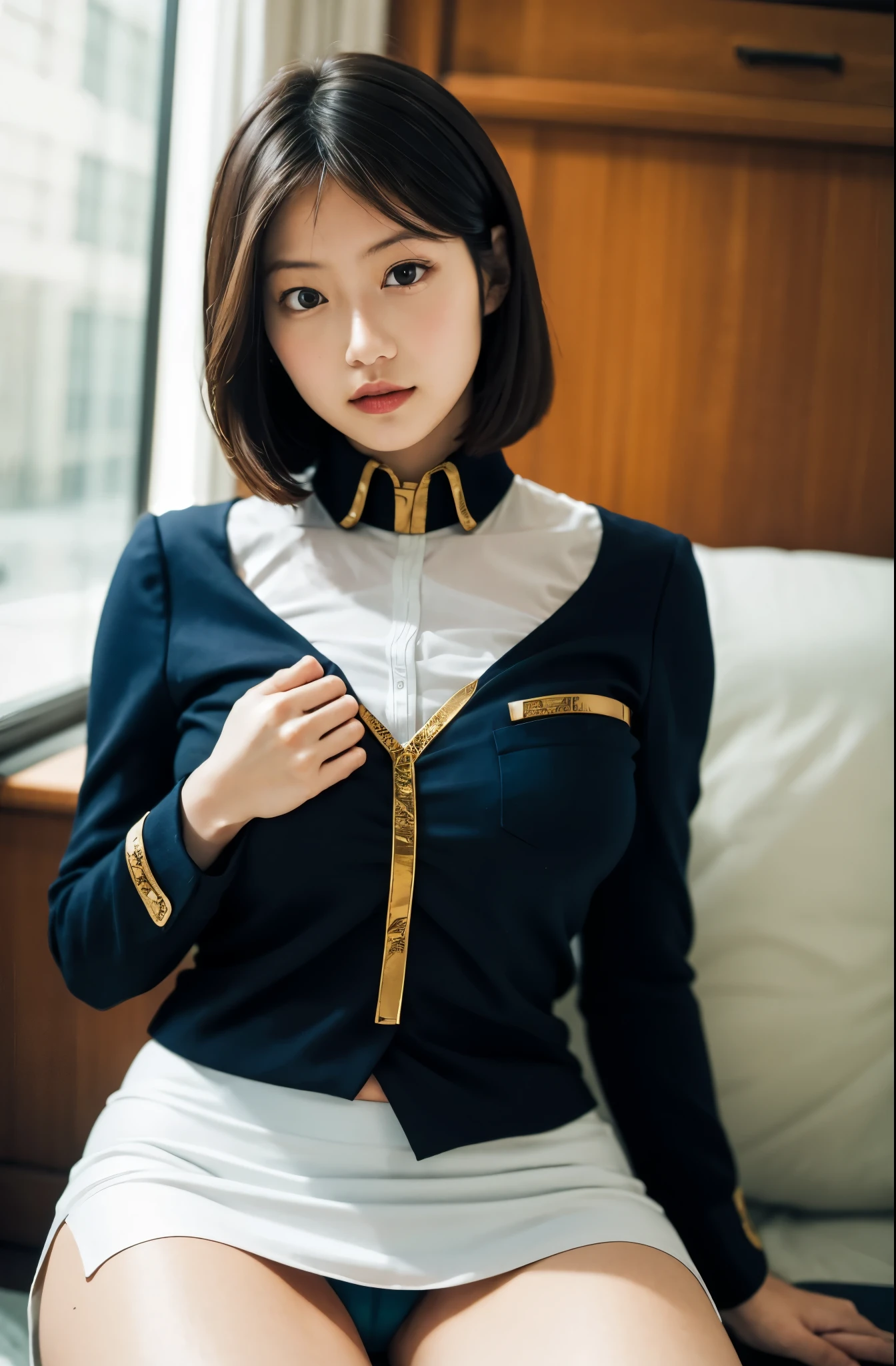 raw photo、realistic、real photos、Highest imYear quality、real imYear、連邦軍の制服mini skirt、pread legs,show white panties,(mini skirtと白いパンティ:1.4)、Zuo々Ki Nozomi、16Year日本人女性、Mrs. Bowe、pretty girl、bare legs、white pantiesが丸見え、16Year、(white panties:1.3)、超mini skirt、beautiful thighs、white panties、赤いmini skirtがめくれてwhite pantiesが見えてる
