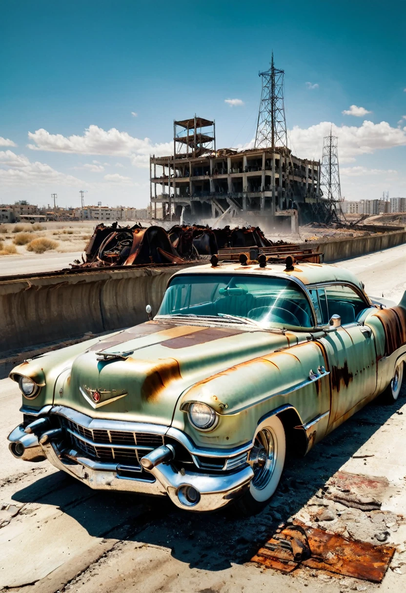 faithful image of an old rusty 1955 cadilac eldorado with spikes and spikes on the hood, military style with modifications, the car is racing on a street suspended over a destroyed white concrete overpass in the center of a post-apocalyptic city with many buildings around, carro steampunk, dramatic art, estilo de arte dieselpunk, apocalyptic road warrior vibe, a girl with sunglasses is inside the car, arte digital surreal, Mad Max inspirado, heavy metal artwork, simetria da face cromada, arte steampunk digital, It's not the Mad Max style, metal art, It's not Filip Hodas' art style, arte digital steampunk, dieselpunk, em um mundo hightech, foto na diagonal