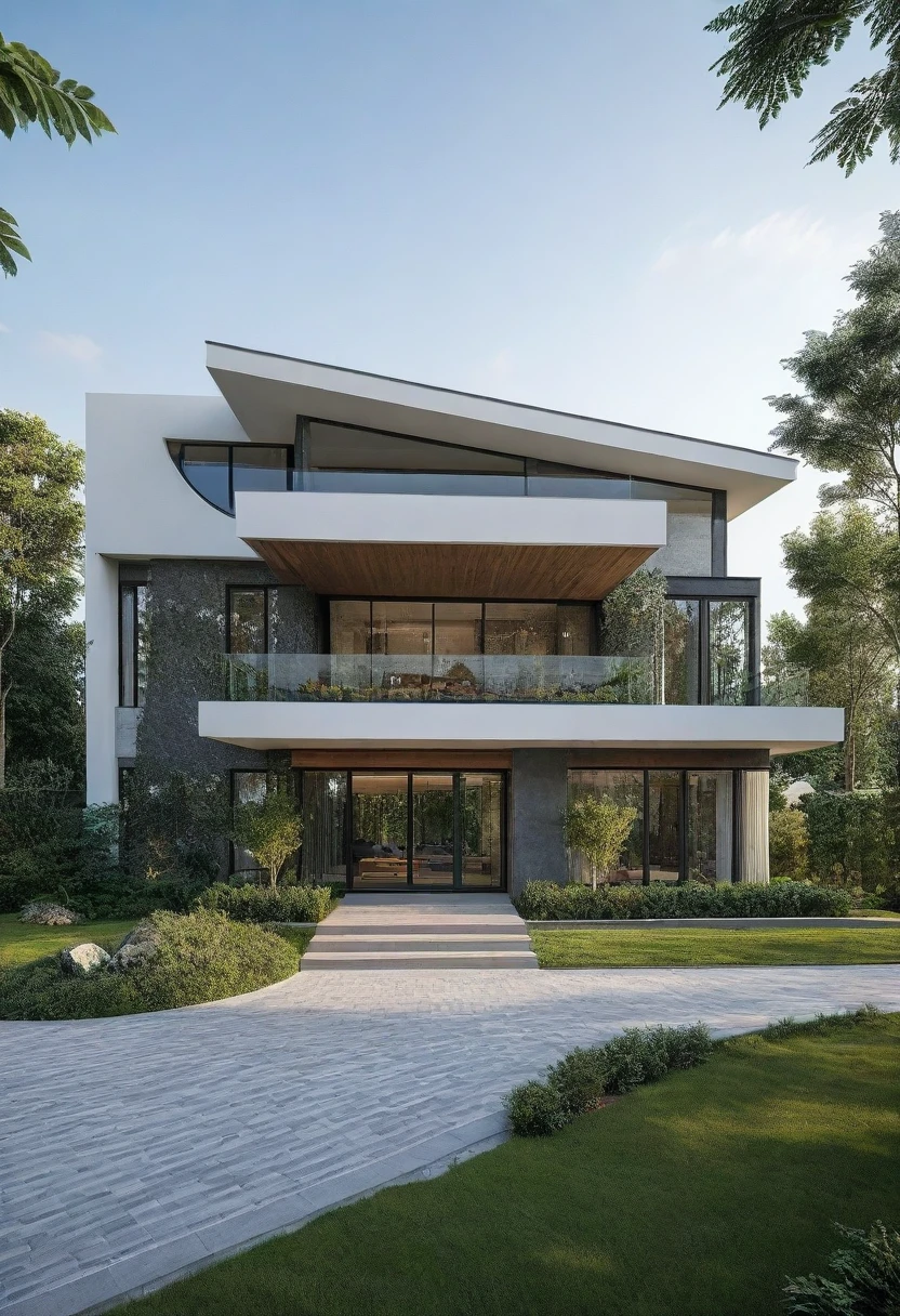 villa moderne, construction, Devant, architecture, nature et verre, photo d'une maison, architecture, beau, chef-d'artwork, best quality, super detailed, Realistic, photoRealistic, 8K, sharpness
