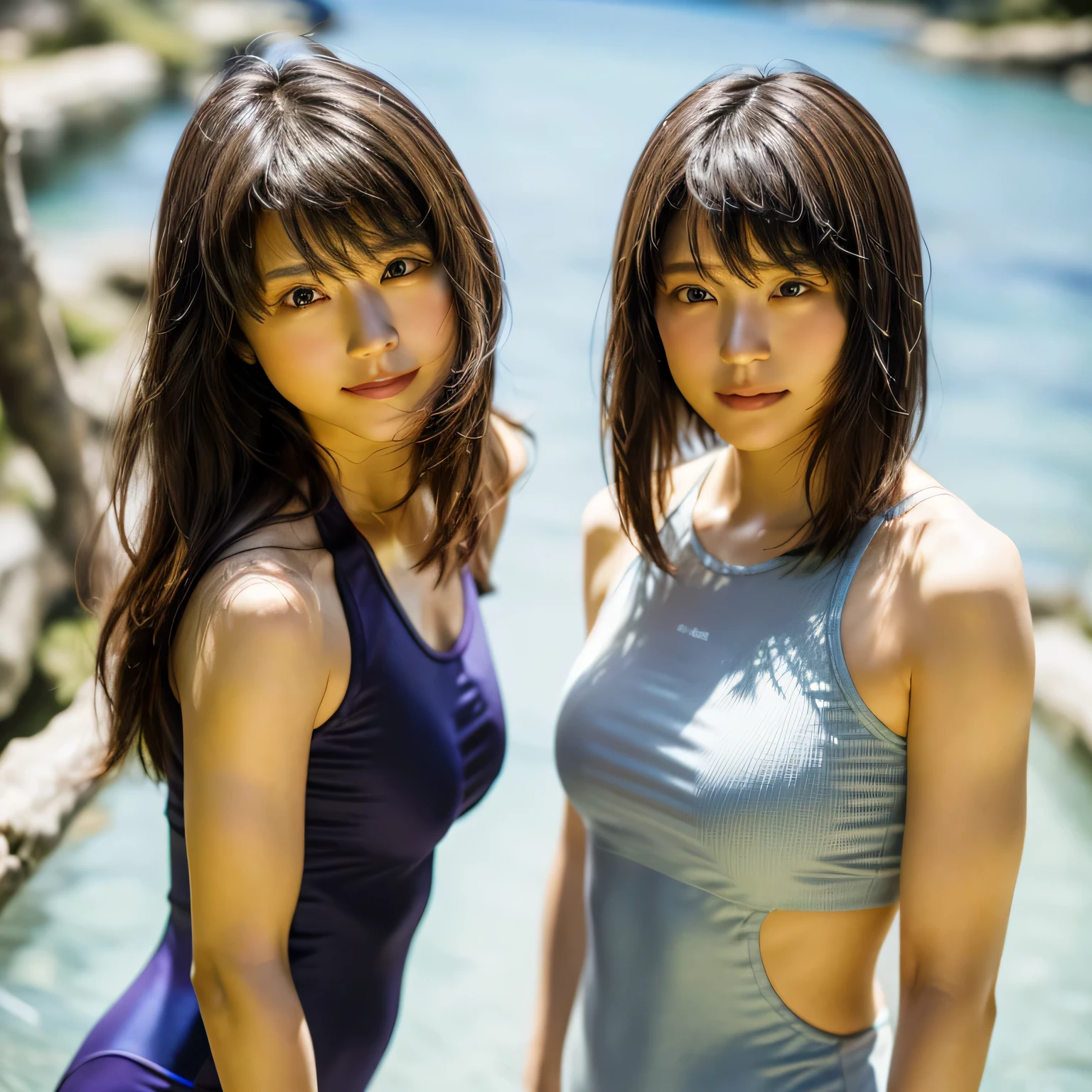 Beautiful identical twin sisters、(8K、Raw photo、highest quality、masterpiece:1.2)、(realistic、Photoreal:1.37)、Super detailed、超A high resolution、1 girl、There is a genuine uneven frame.、Kasumi Arimura、see the beholder、Beautiful and dense face、smile、narrow、(Muscular style) :1.3)、gymnastics、beautiful and smooth skin、skin texture、professional lighting、Full body Esbian、I'I am doing muscle training.....、(muscular body)、Hold dumbbells