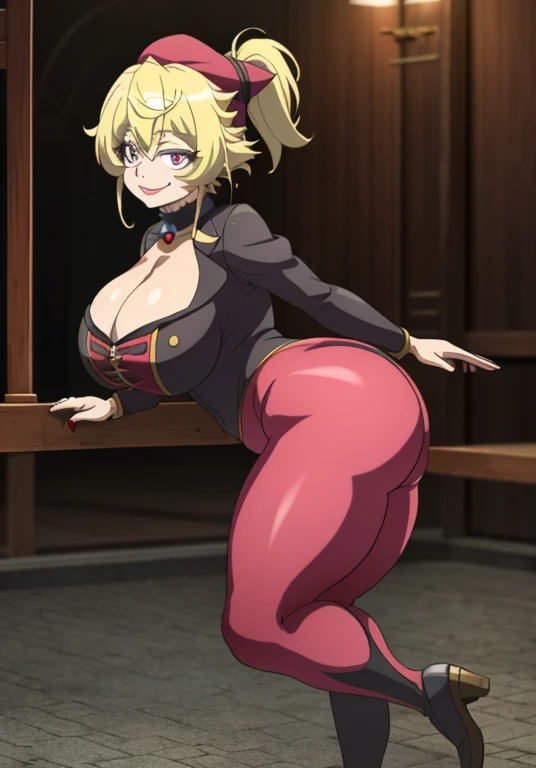 (masterpiece:1.2, best quality:1.2, beautiful, high quality, highres:1.1, aesthetic), detailed, extremely detailed, ambient soft lighting, 4K, perfect eyes, perfect face, perfect lighting, 1girl, solo, Tanya von Degurechaff, huge ass, huge breasts, huge thighs, narrow waist, wide hips, thick thighs, curvy, ponytail, cleavage, face paint, clown outfit, colorful outfit, skintight outfit, jester hat, pointy shoes, smile