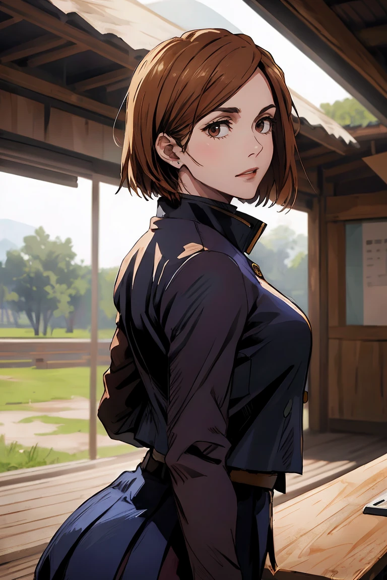 1girl, cowboy shot, beautiful Nobara, school_uniform, bangs, jacket,, volumetric lighting, best quality, masterpiece, intricate details, tonemapping, sharp focus, hyper detailed, trending on Art Station, 4k, upper body, backwards, sitting