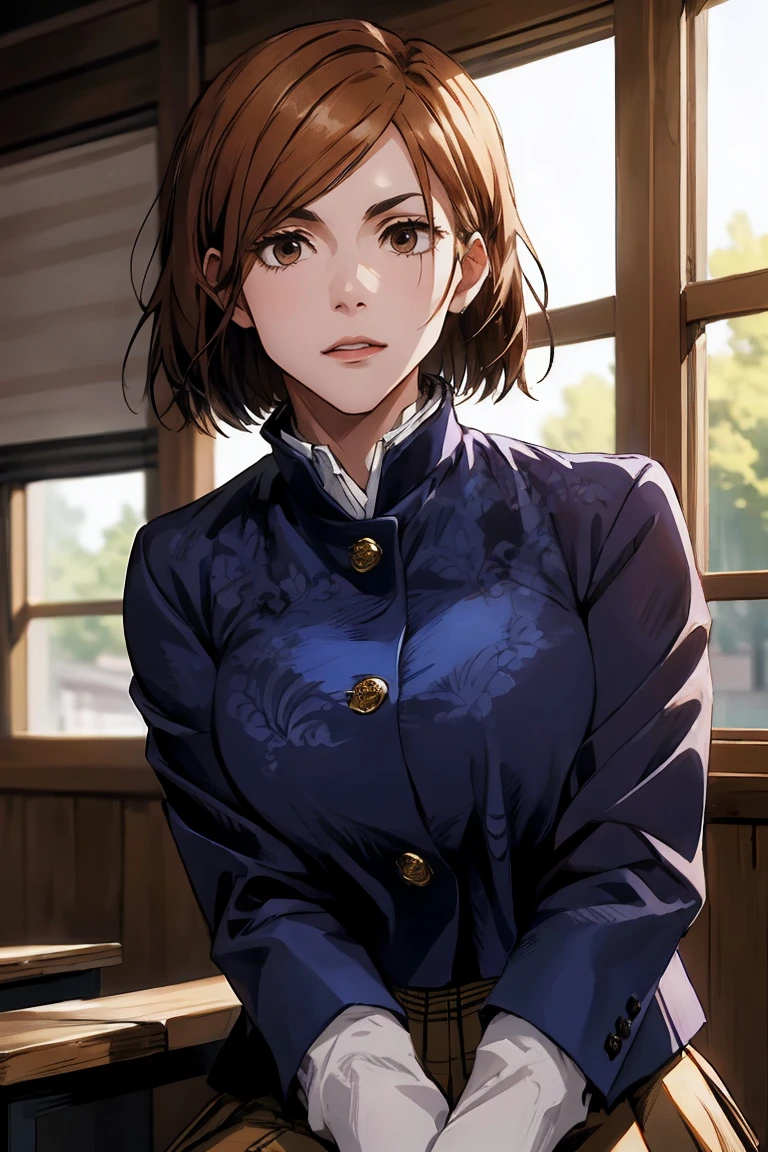 1girl, cowboy shot, beautiful Nobara, school_uniform, bangs, jacket,, volumetric lighting, best quality, masterpiece, intricate details, tonemapping, sharp focus, hyper detailed, trending on Art Station, 4k, upper body, backwards, sitting