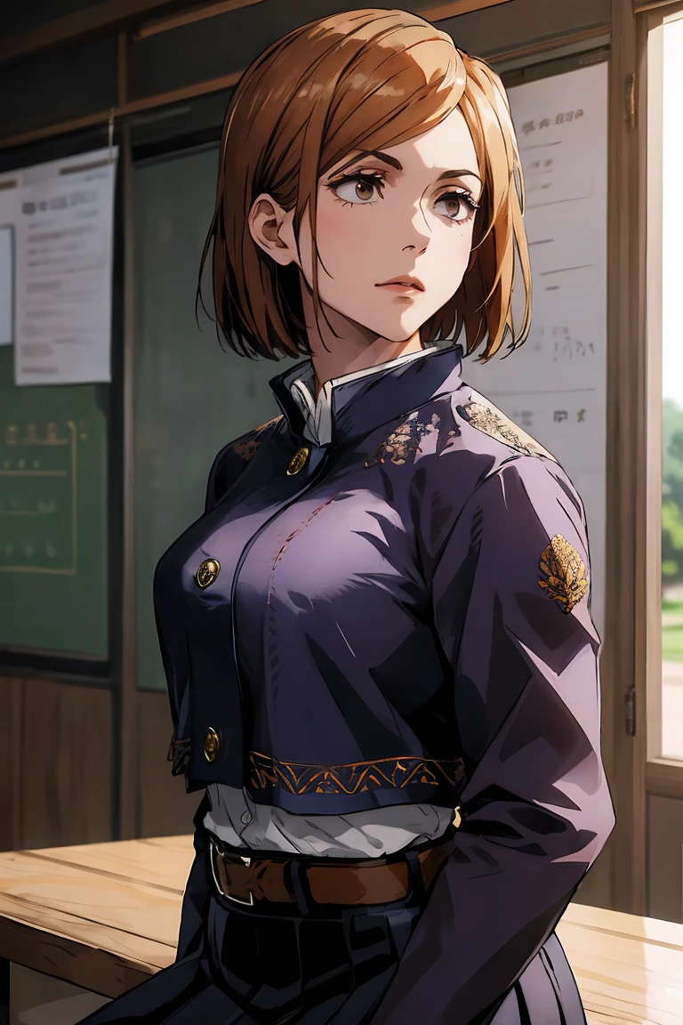 1girl, cowboy shot, beautiful Nobara, school_uniform, bangs, jacket,, volumetric lighting, best quality, masterpiece, intricate details, tonemapping, sharp focus, hyper detailed, trending on Art Station, 4k, upper body, backwards, sitting