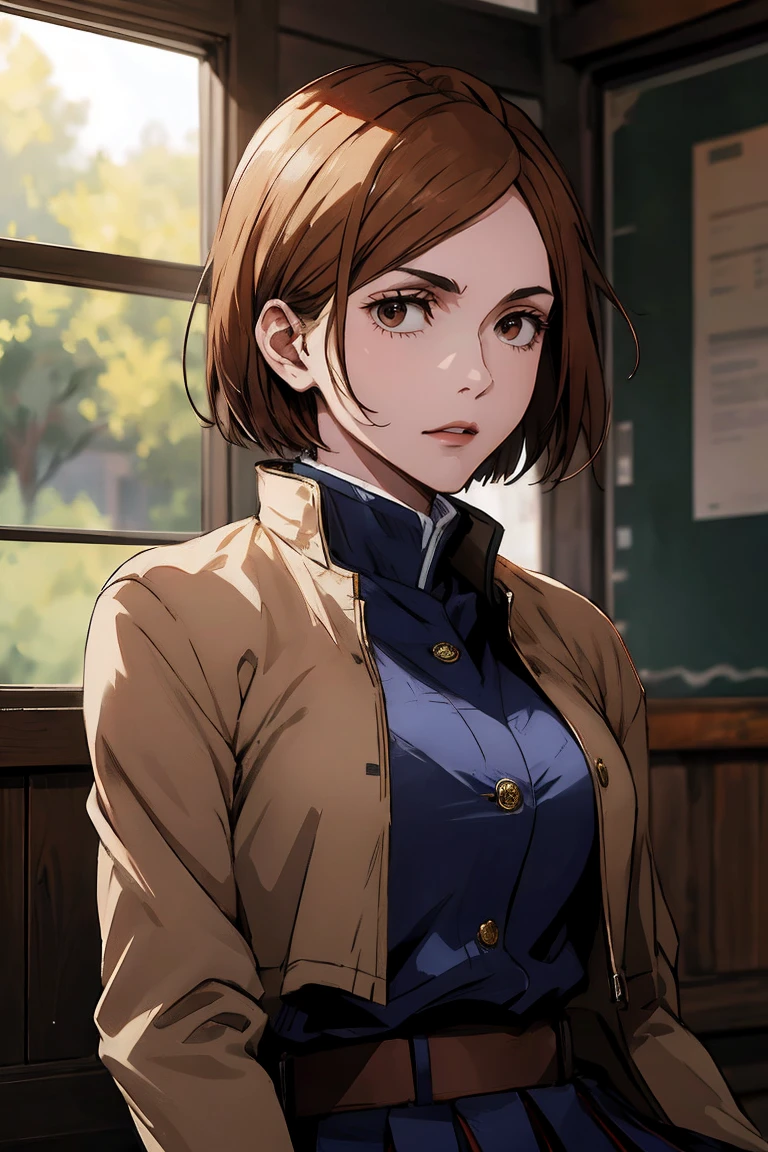 1girl, cowboy shot, beautiful Nobara, school_uniform, bangs, jacket,, volumetric lighting, best quality, masterpiece, intricate details, tonemapping, sharp focus, hyper detailed, trending on Art Station, 4k, upper body, backwards, sitting