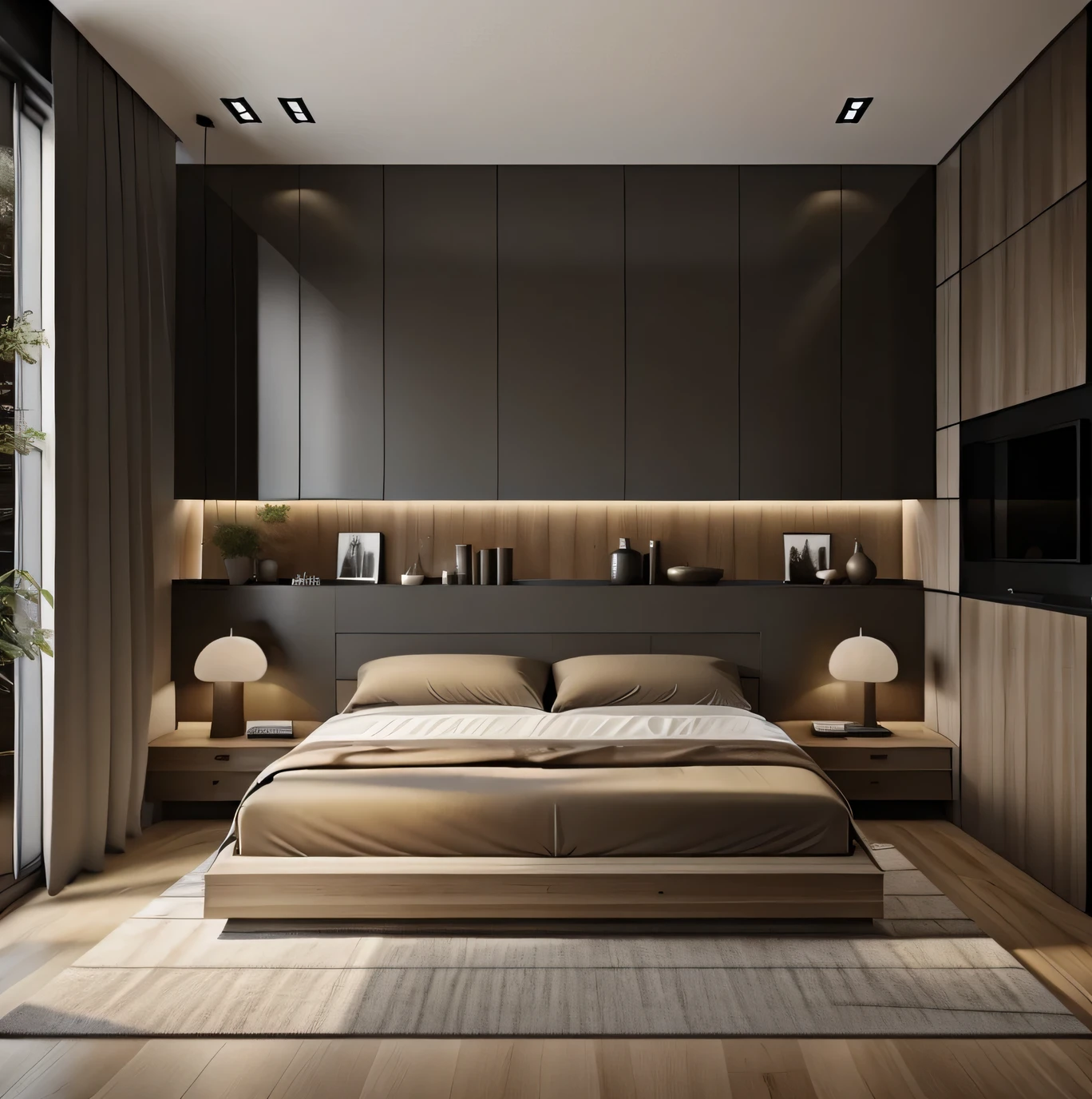 ((best quality, 8K, chef-d&#39;artwork :1.3)), conception de chambre à coucher, minimalist patterned furniture, couch , plaster ceiling , sol en marbre brillant, (ton chaud),The bedroom has a wooden bed and beige mattress, and the ceiling has a fan