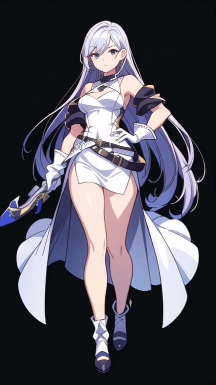 (((Best Quality))) , ((full body)), female, reference sheet, solo, (white background), holding weapon, gloves, slit trench skirt, backless skirt, belt, standing, high fantasy clothes,
