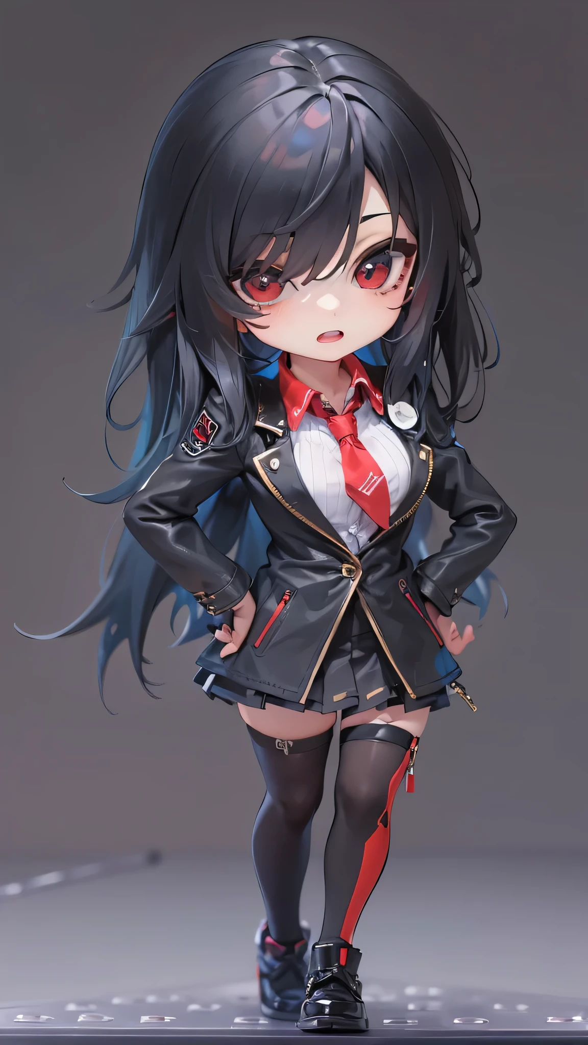 (nendoroid:1.3) masterpiece, high quality, highly detailed, full body (1girl, chibi ,solo straight black hair long hair femdom girl,chibi:1.2 character, slender legs, thick line, 5 yo, detailed red eyes, open mouth, best smile, bigboobs), in a school blazer.