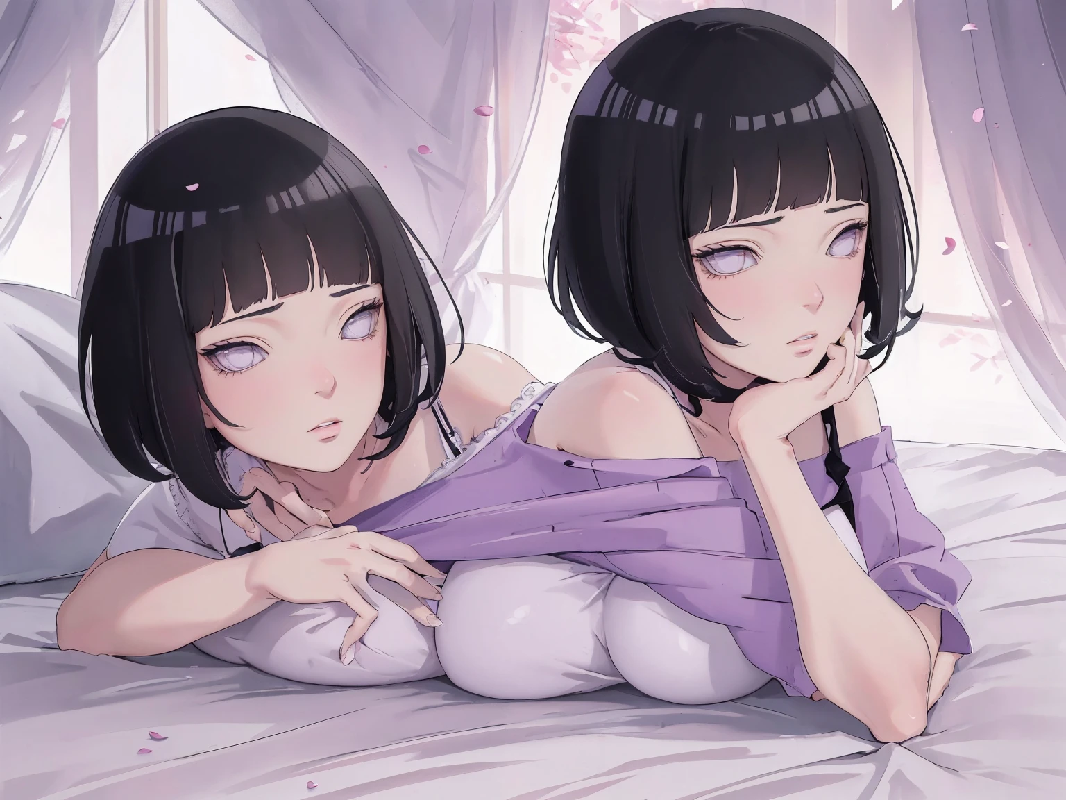 { - anatomy error} (Masterpiece - Ultra-detailed, very high resolution) (huge titusty, masterpiece, absurdres, hinata\(boruto\), 1girl, solo,mature female, off-shoulder bra, high waist black short skirt, looking at viewelling petals), perfect composition, detailed lips, big breast, beautiful face, body propotion, blush, (pink lips), short hair, (black hair), purple eyes, soft gaze, super realistic, detailed, photoshoot, realistic face and body, closed mouth, laying on the bed , Lie on your stomach on the bed, lilac eyes, upper body, lace clothes, with chin resting on shoulder, perfect fingers