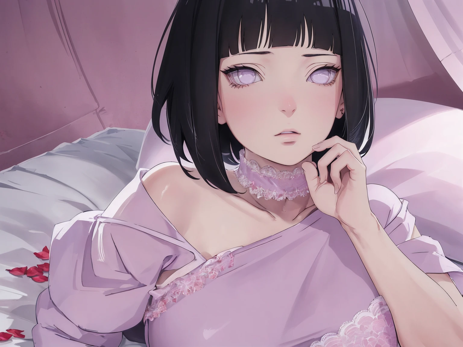 { - anatomy error} (Masterpiece - Ultra-detailed, very high resolution) (huge titusty, masterpiece, absurdres, hinata\(boruto\), 1girl, solo,mature female, off-shoulder bra, high waist black short skirt, looking at viewelling petals), perfect composition, detailed lips, big breast, beautiful face, body propotion, blush, (pink lips), short hair, (black hair), purple eyes, soft gaze, super realistic, detailed, photoshoot, realistic face and body, closed mouth, laying on the bed , Lie on your stomach on the bed, lilac eyes, upper body, lace clothes, with chin resting on shoulder, perfect fingers