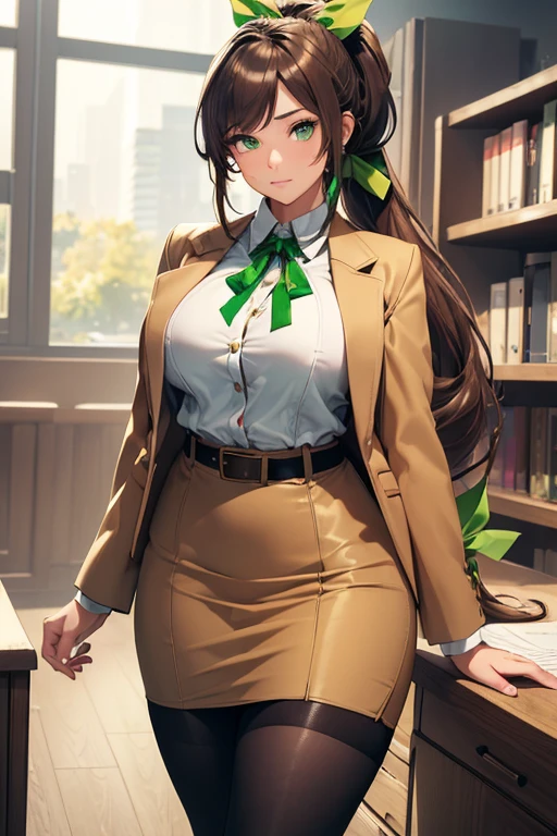 ((masterpiece)), (best quality:1.7), (detailed:1.4), (high res:1.4), 8k, (colorful:1.5), high resolution, sharped image, 4k, hd, (beautiful detailed background:1.2), (beautiful lighting:1.2), (highly detailed:1.2), perfect lighting, (8k wallpaper:1.2), (highly detailed:1.2), (extremely detailed CG:1.2), ((((only brunette very long hair ponytail with a green ribbon)))), (((large chest))), (((busty))), curvy figure, (((light green eyes))), (office lady outfit), (tan jacket and snug white sweater and brown pencil skirt with belt and black stocking leggings), mature, older, human adult, short, fullbody