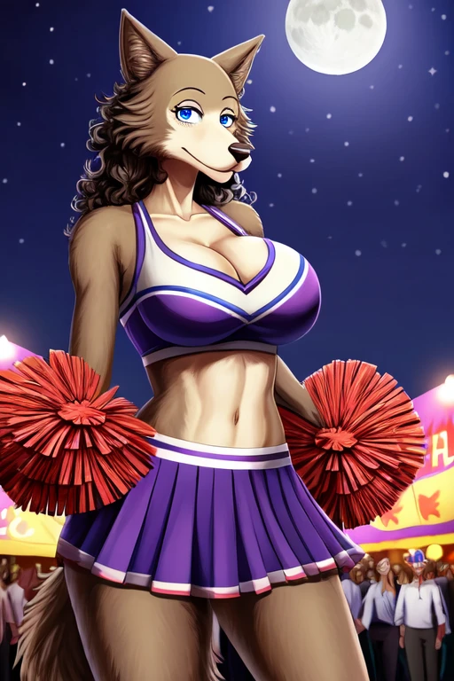 Beastars art style, beastars, Juno, brown wolf, she Wolf, 1girl, furry, long curly brown fur, slim figure, blue eyes, wide hips, Big breasts, cheerleader outfit, cleavage, night time, festival, moon