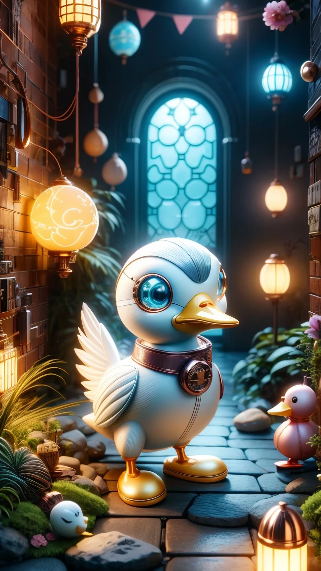 Pixar style, (Blind box toy style:1.2), Cute mechanical duck wearing clothes,透明发Light,霓虹灯Light,High precision mechanical parts,Its body is made of high-quality copper and silver.,眼睛像两颗发Light的宝石,Clean, White background, (global illumination, Light线追踪, high dynamic range, Unreal rendering, Reasonable design, high detail, masterpiece, best quality, ultra high definition, Light),chibi, 3d