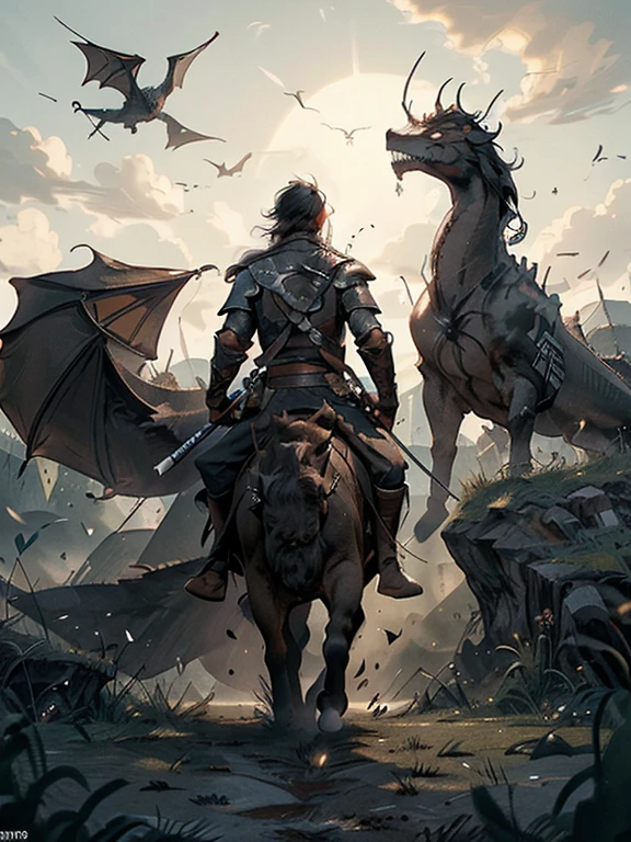Cartoon style pictures ,(Europe),man,midnight,Overall black tone, Characters take up one fifth,Create dystopian masterpieces, Game of Thrones movie scenes, The whole character is dressed in Game of Thrones style, Rugged full body metal armor, The background is the medieval manor farmland,river,torch,horse,Dragon flying in the sky,A group of farmers,field,farming,(helmet,Face covering,In the shadows,Faceless,健壮的man, strong, shabby),dynamic poses, ((Turn your back to the camera,look into the distance,not looking at camera)), Photos taken from a distance,